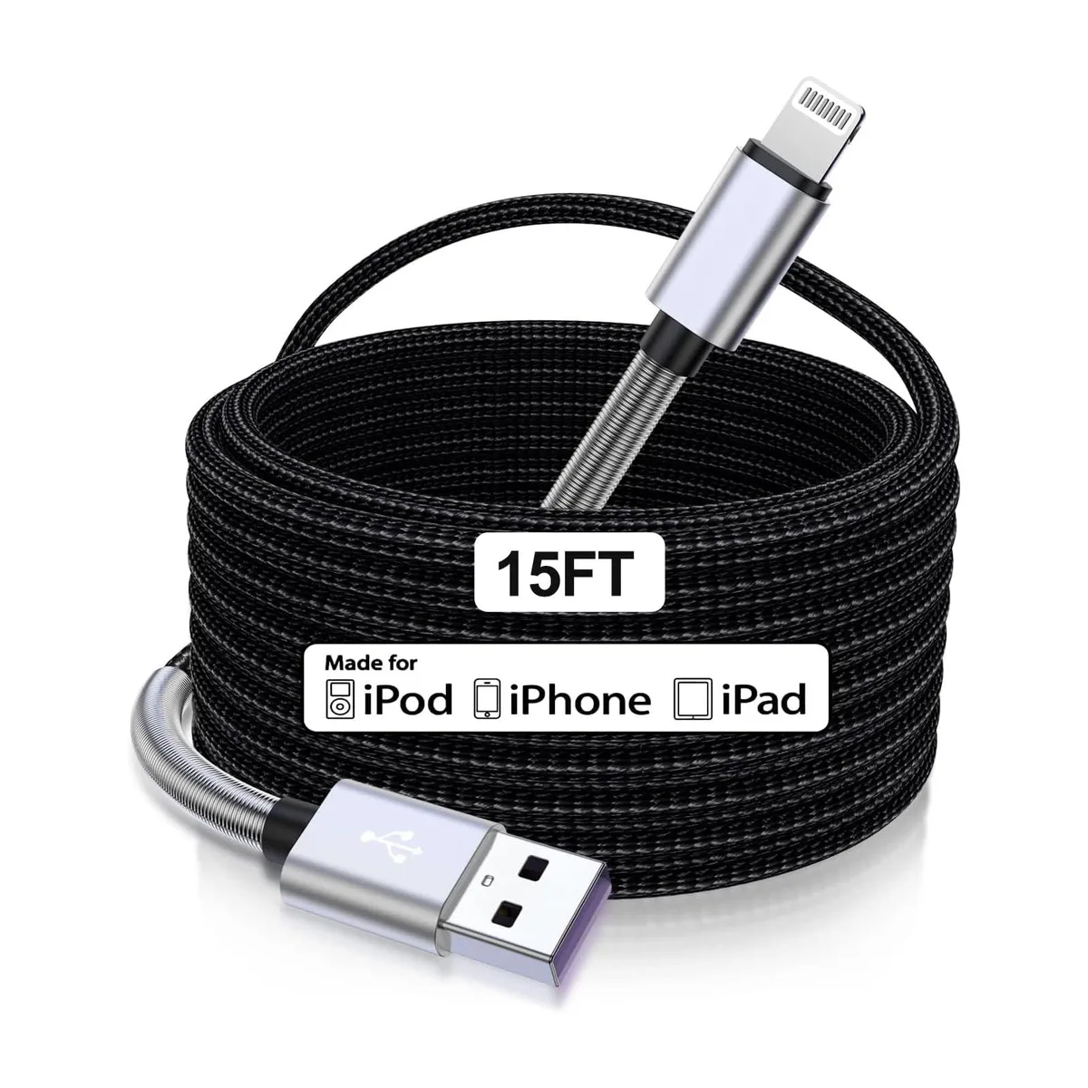 Silver nylon-braided Lightning cable, 15 feet long, aluminium connectors