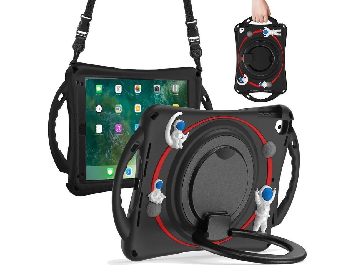 Black silicone astronaut case with stand, shoulder strap, handle grip and pencil holder for 9.7 inch iPad