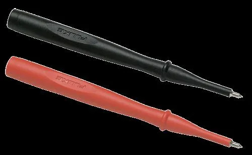 Two Fluke TP38 test probes, black and red, insulated stainless-steel tips, banana jack connectors
