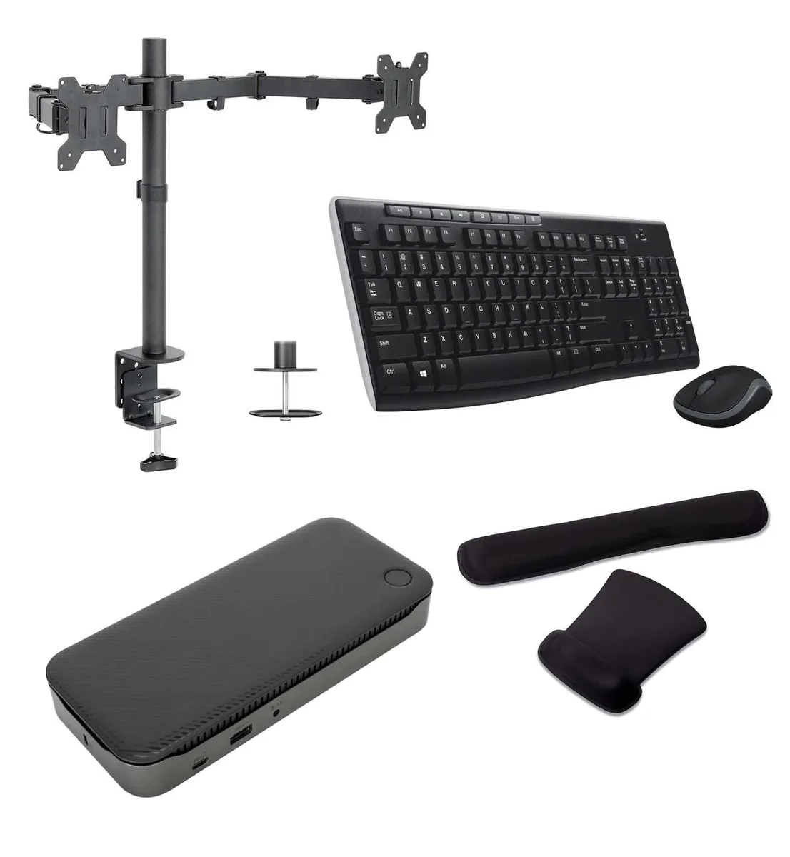Targus Targus USB-C Quad 4K 100W Dock Bundle with MK270 Keyboard, Dual Monitor Mount, Gel Wrist Rest — product photo