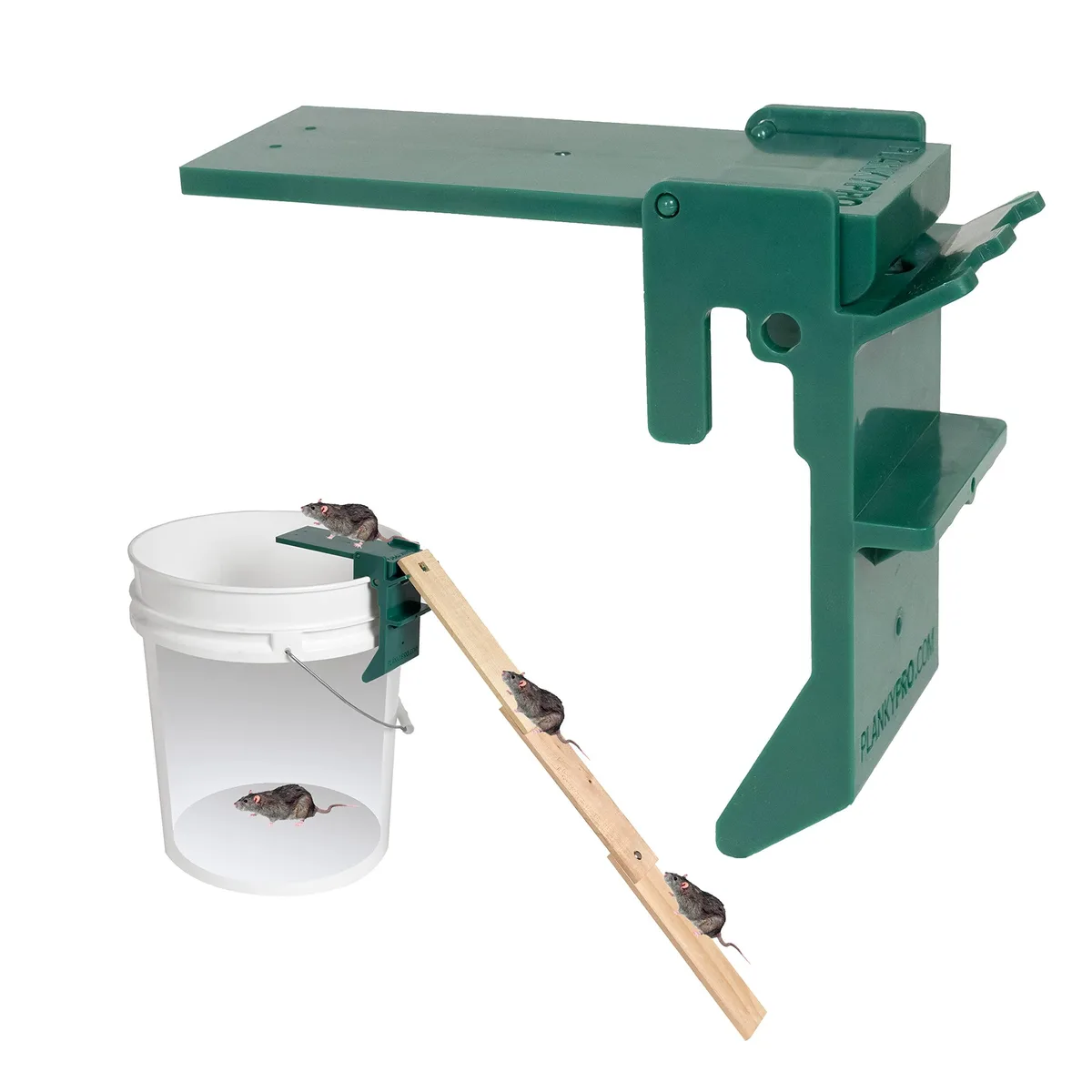 Black plastic flip-lid mouse trap on a 20 gallon bucket