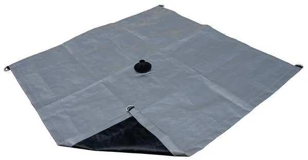 Square polyethylene leak diverter tarp, black and silver, 12 by 12 feet, with bungee cords and hooks
