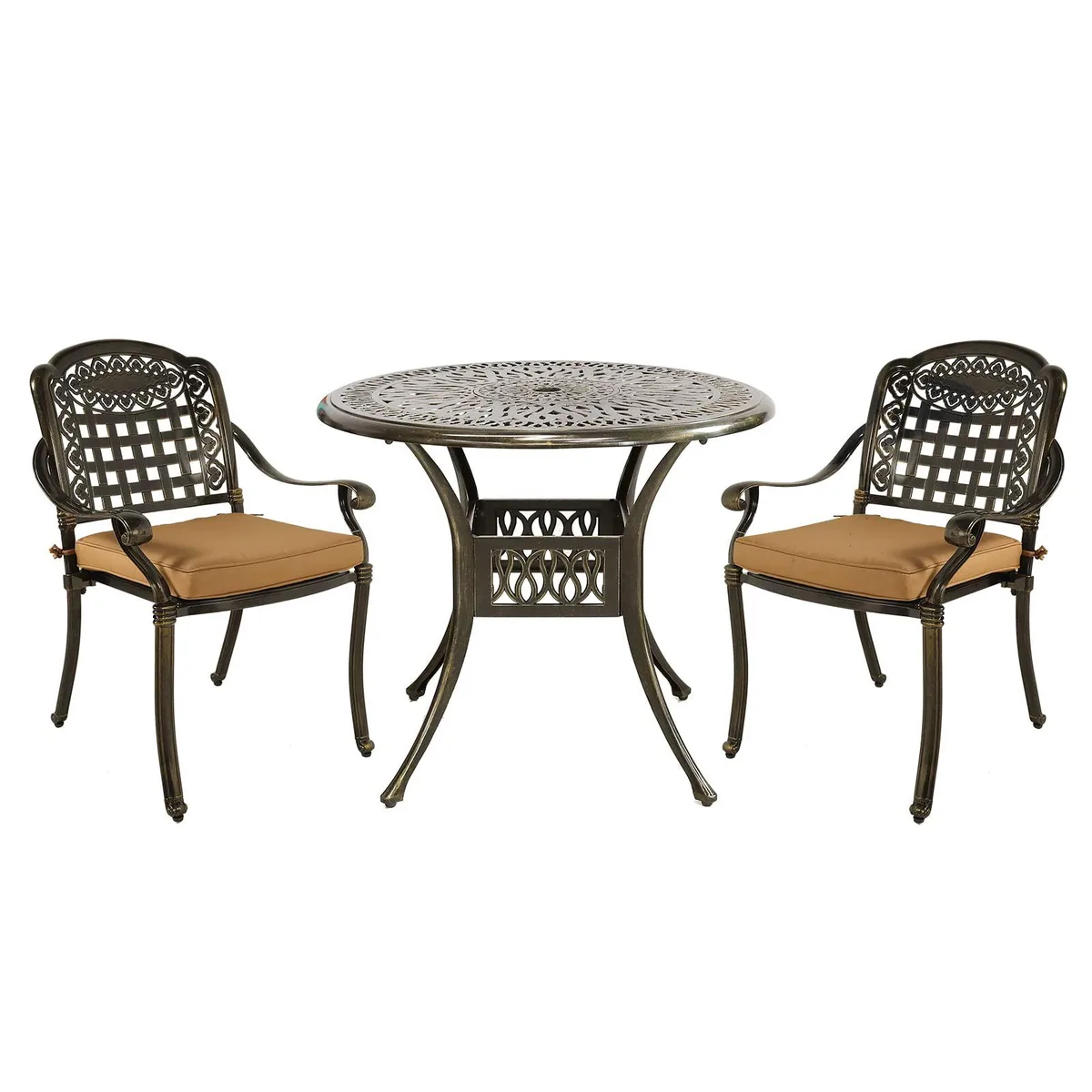 MEETWARM MEETWARM 3-Piece Patio Bistro Set Cast Aluminum 35.4" Table 2 Cushioned Chairs — product photo