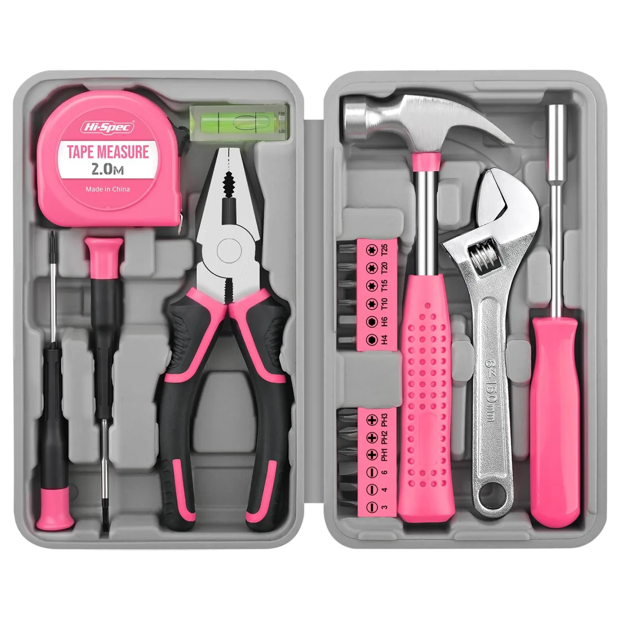 Pink 20-piece tool set in compact case with pliers wrenches and screwdriver bits