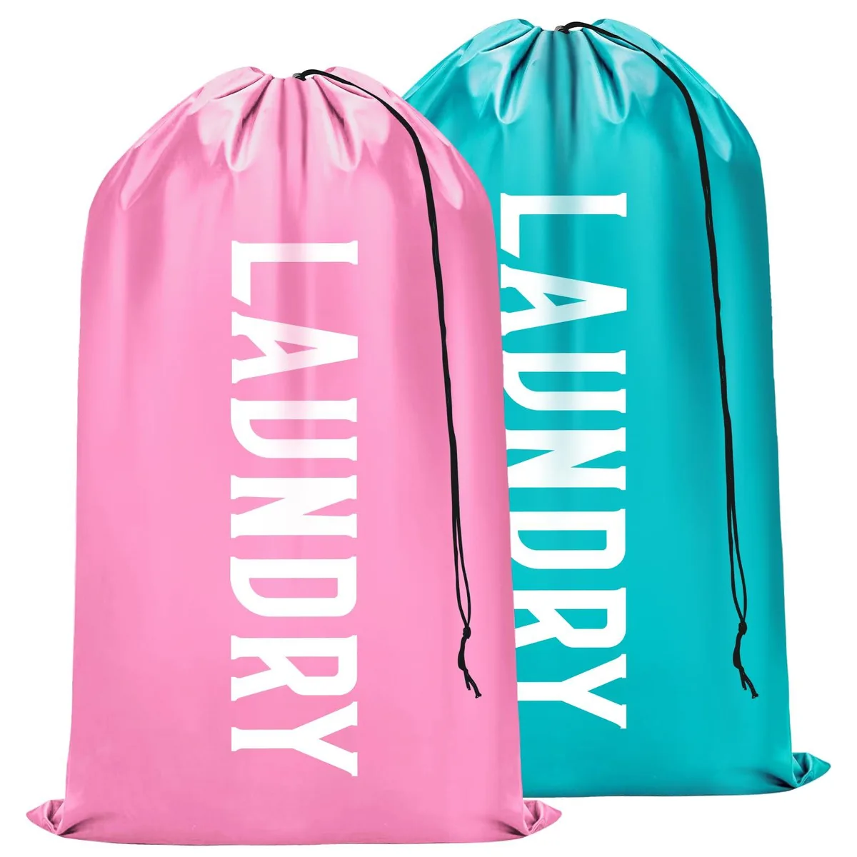 Grey rectangular laundry bag with drawstring closure and reinforced seams