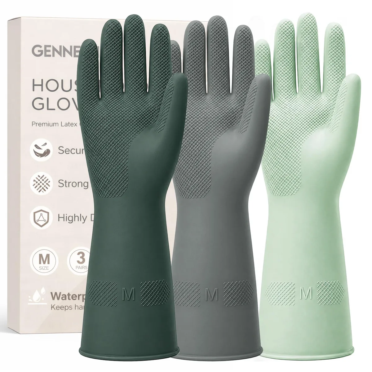 Three pairs of medium dark-green rubber dishwashing gloves with textured palms