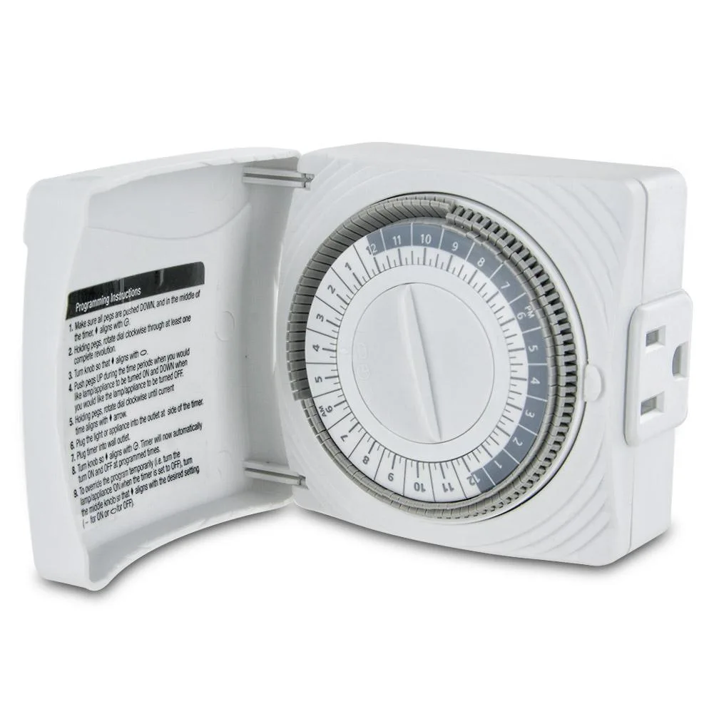 White rectangular plug-in timer with grounded outlet and flip-down cover