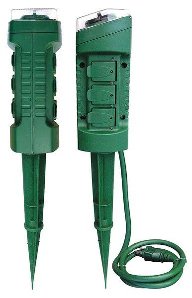 Green rectangular outdoor power stake with six outlets and a six-foot cord