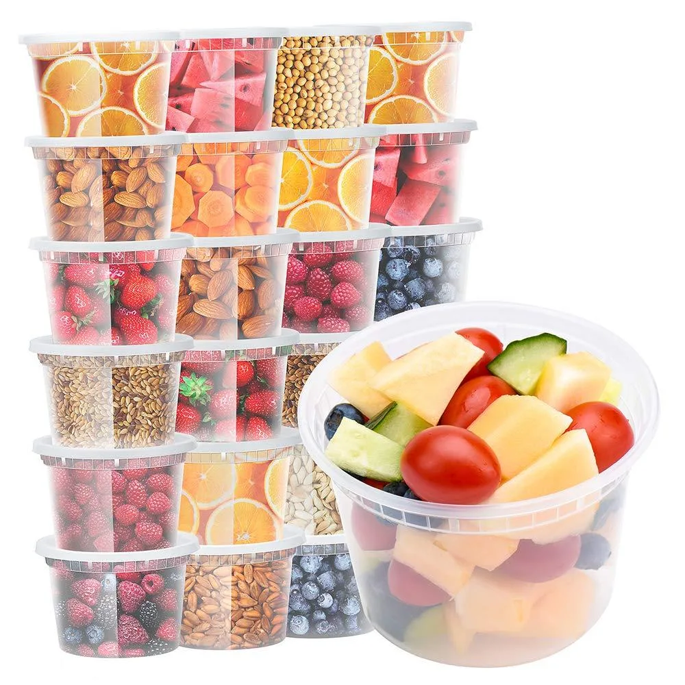 Twenty-four clear round deli containers with snap lids, 16 oz each