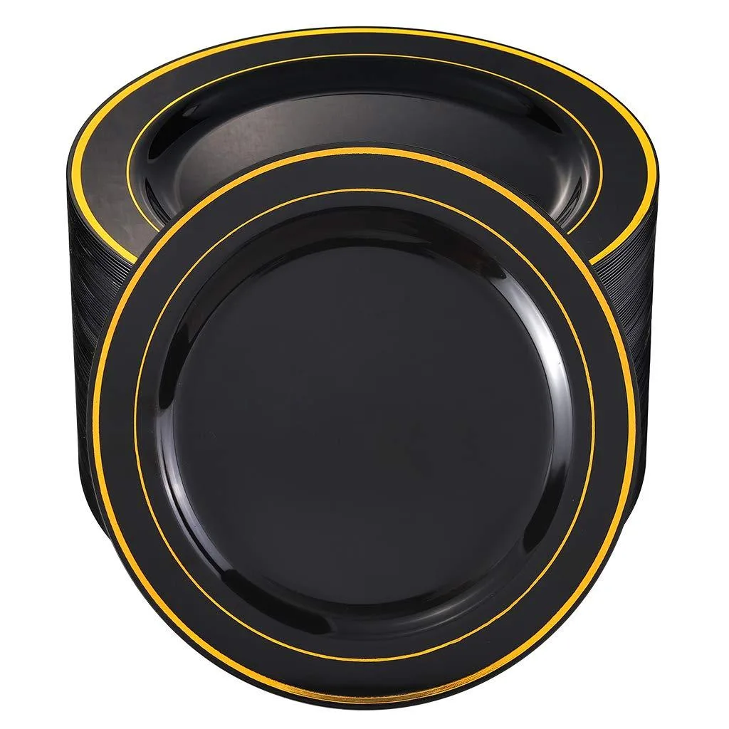 Stack of 30 rectangular white plastic plates with black and gold geometric rim design