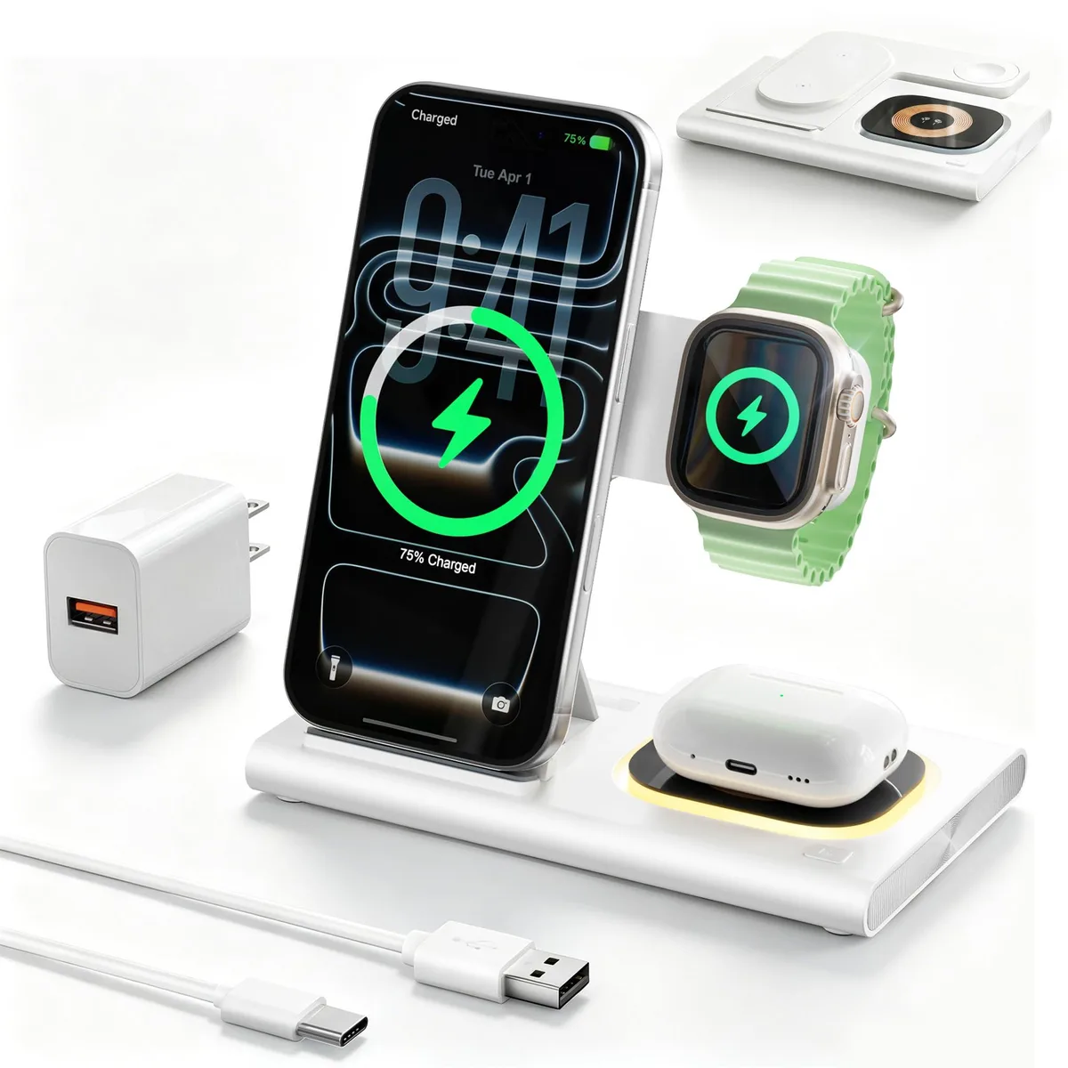  Aresh XY18U30-QC1 3-in-1 Foldable Wireless Fast Charging Station for Apple Multiple Devices White — product photo
