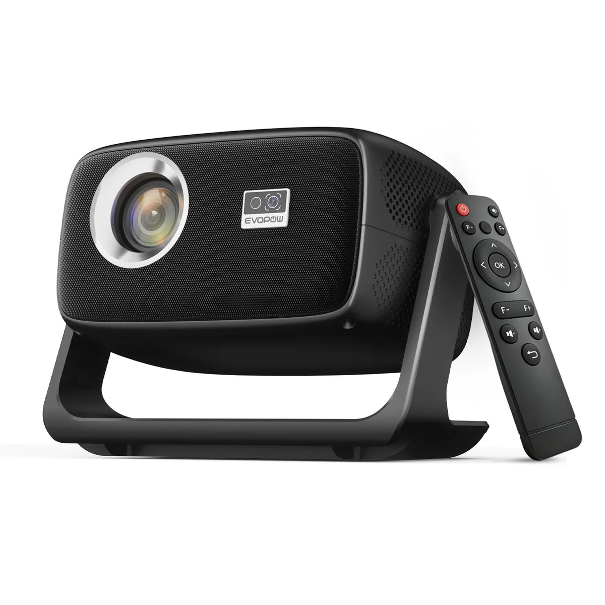 White rectangular DLP projector with rounded edges and built-in lens