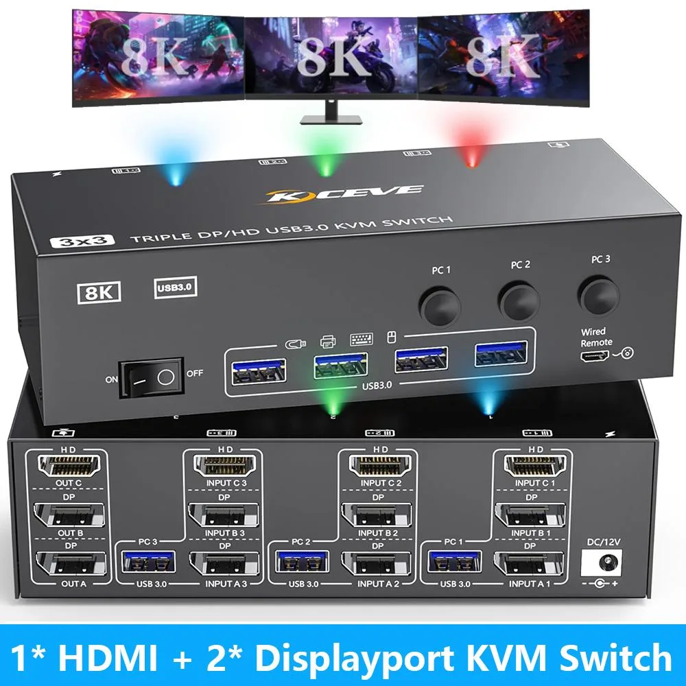 AUTYUE AUTYUE 3-Port HDMI+2DP KVM Switch 8K@60Hz 4K@144Hz 4 USB 3.0 Wired Remote — product photo
