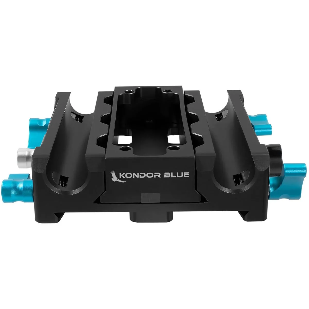 Black metal bridge plate with ARRI dovetail slot and 15mm rod clamps