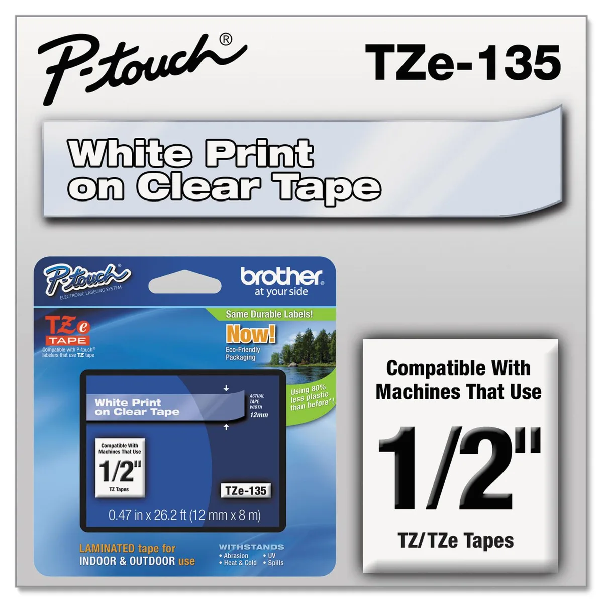 Brother Brother TZe135 0.47" White on Clear Laminated Label Tape — product photo