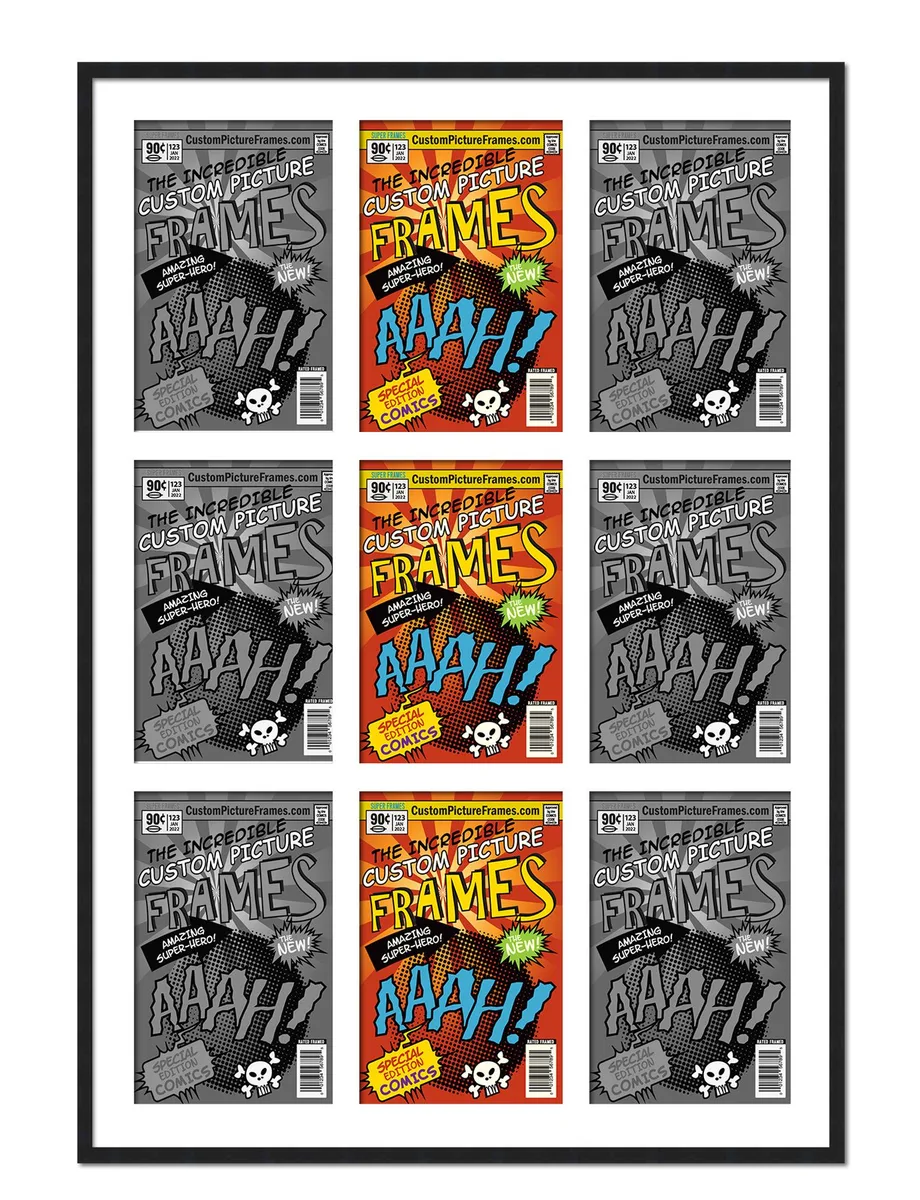 Black wood frame 29 by 38.5 inches with white mat holding nine comic slots