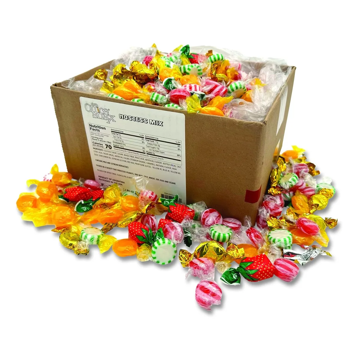 Cardboard box filled with individually wrapped assorted candies