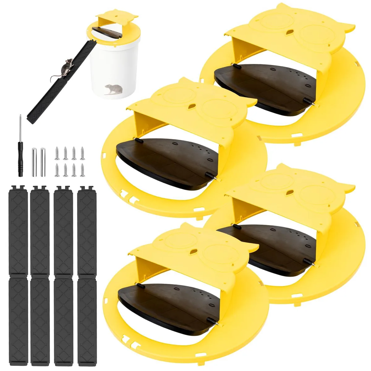 Black plastic bucket lid trap with metal roller and flip mechanism, four pack