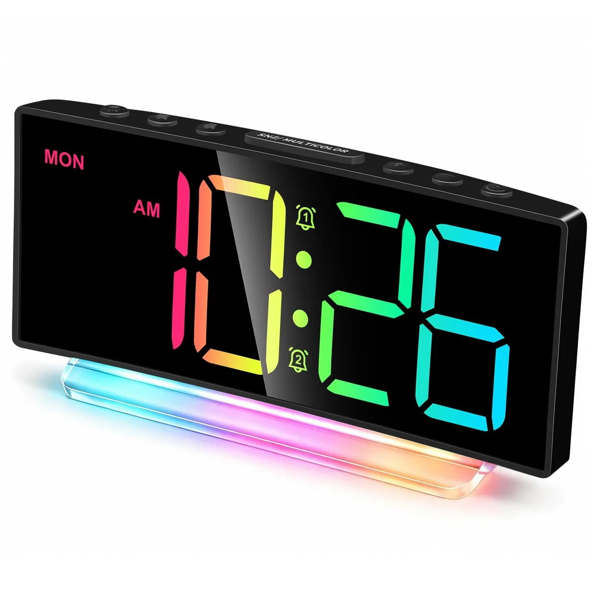 Black rectangular alarm clock with large LED display and rainbow nightlight, 6.7 inches wide