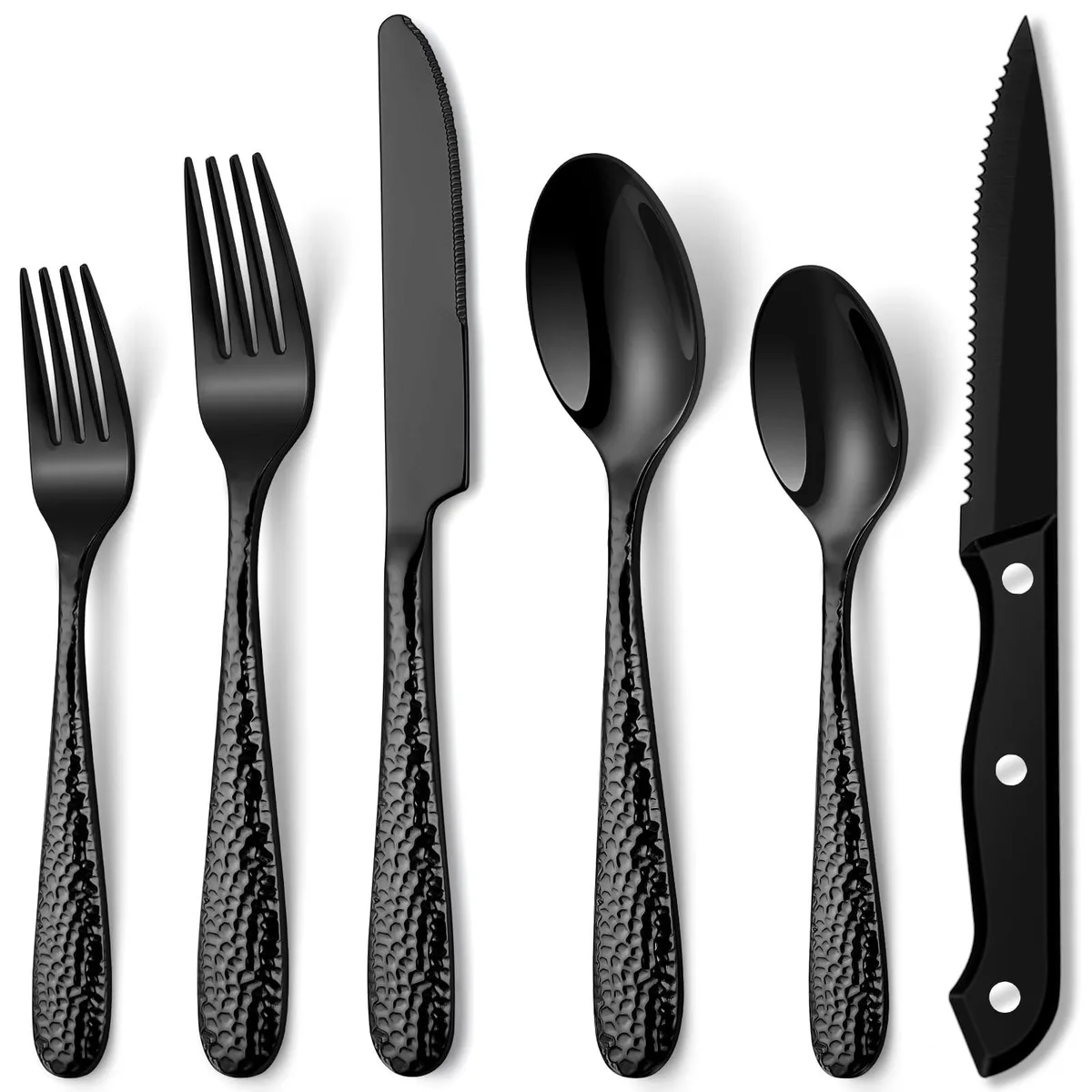 Black hammered stainless steel cutlery set in box