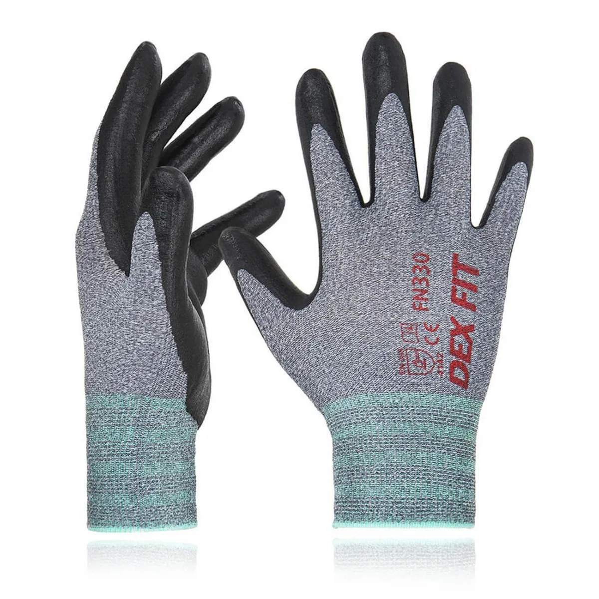 Three grey foam nitrile gloves with knit wrist cuffs