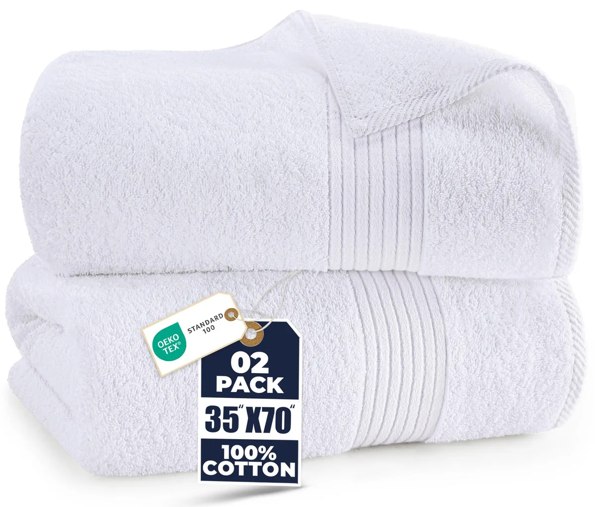 Two large white cotton bath sheets folded flat