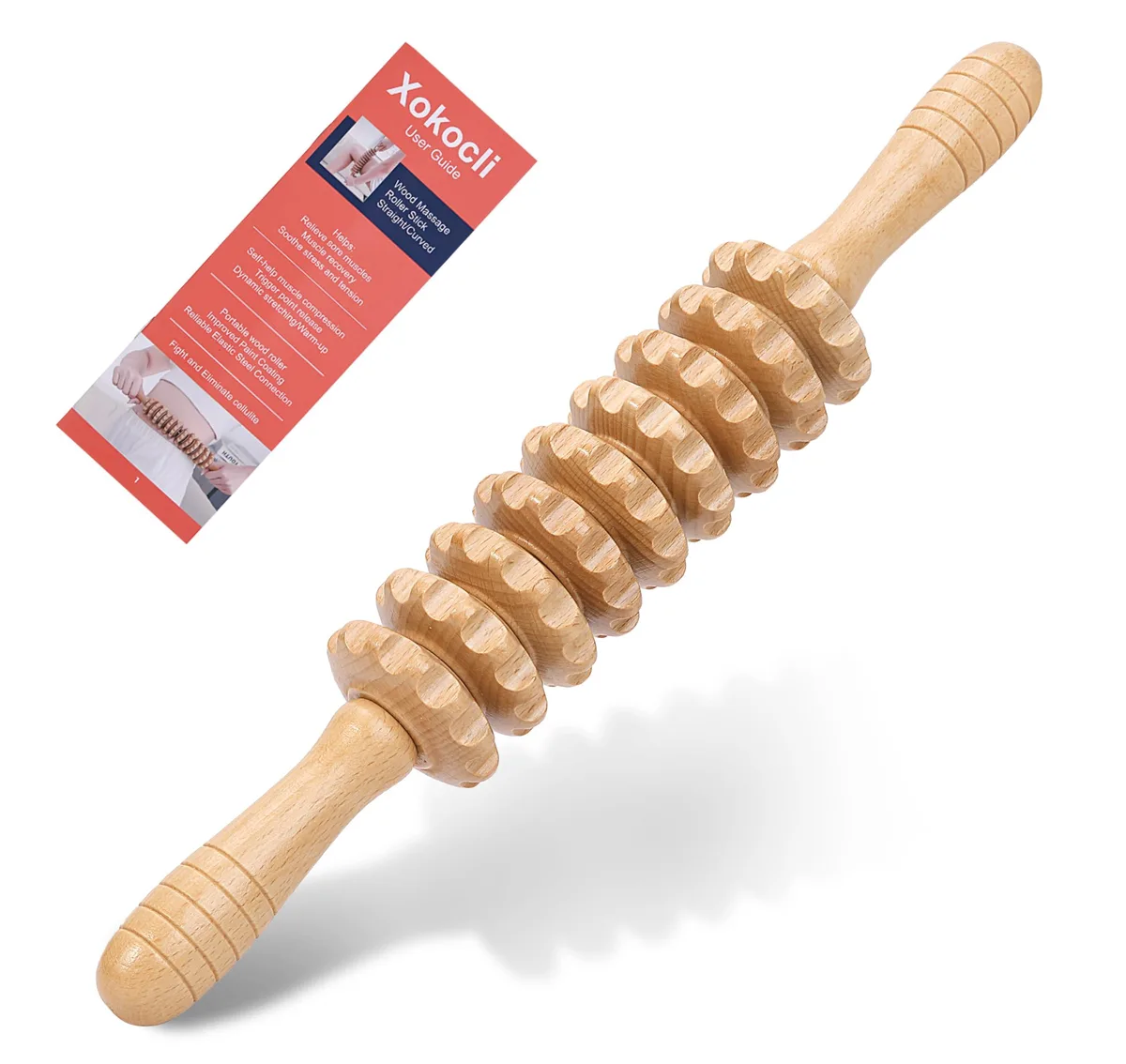 Wooden massage roller with nine nude wheels on a straight handle