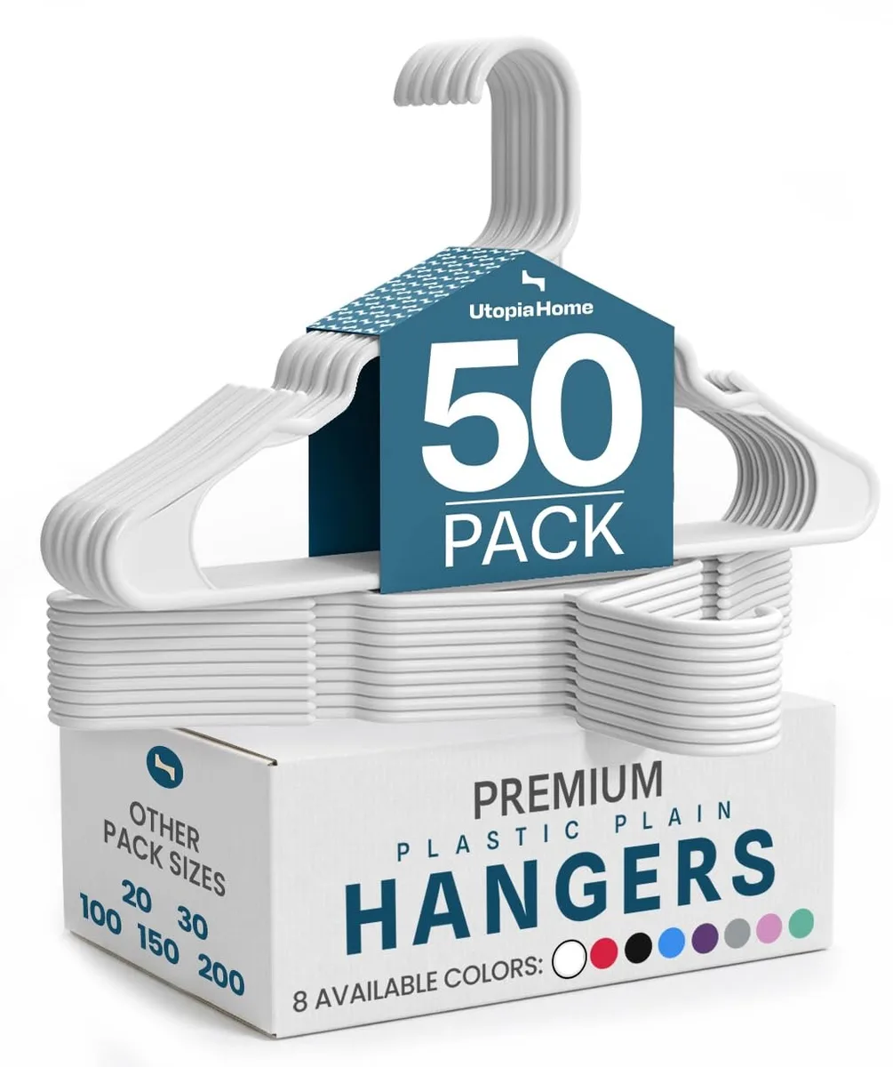 Fifty white plastic hangers in a stack, each 16 by 9.4 inches with built-in strap notches
