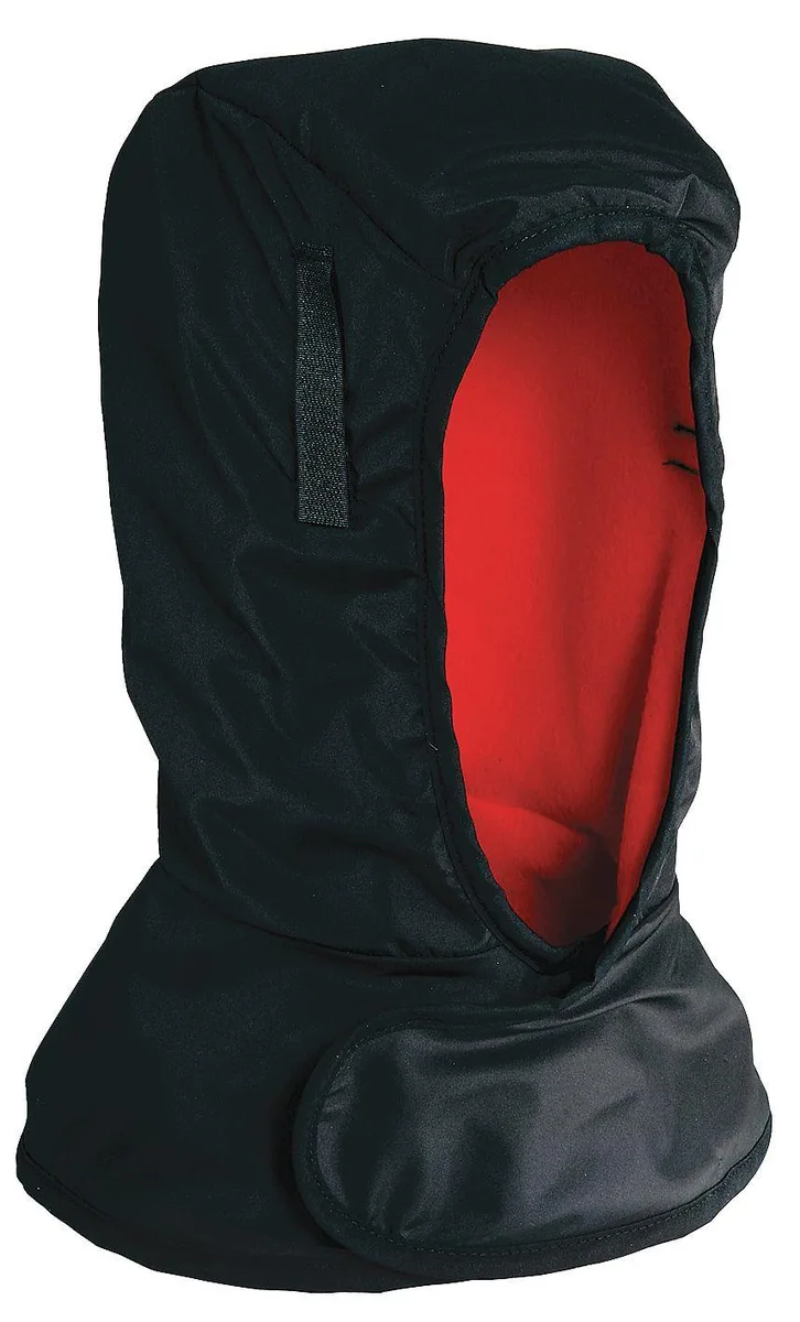 Black polyester hard hat liner with shoulder-length fleece and hook-and-loop closure