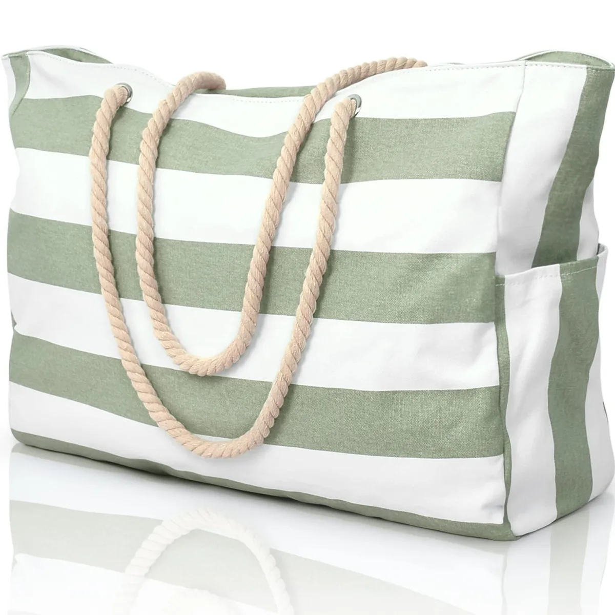 Grey cotton messenger bag with zipper top, striped pattern, shoulder strap, and side bottle pockets