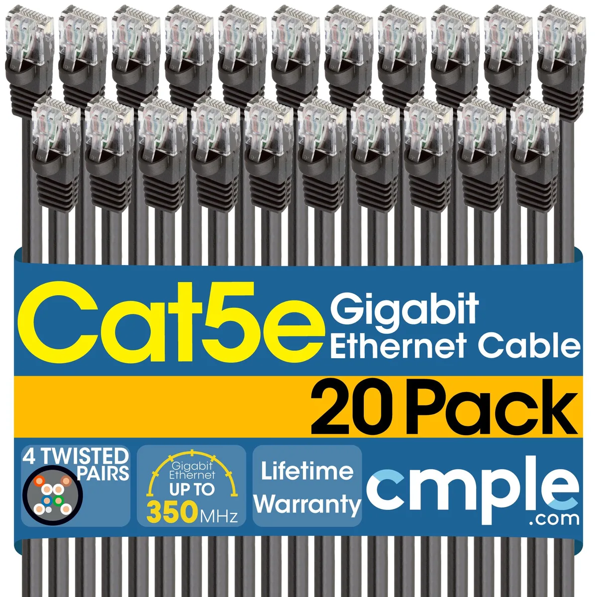 CMPLE CMPLE 20 Pack Cat5e 10 ft Network Ethernet Cable Black 350 MHz 1 Gbps — product photo