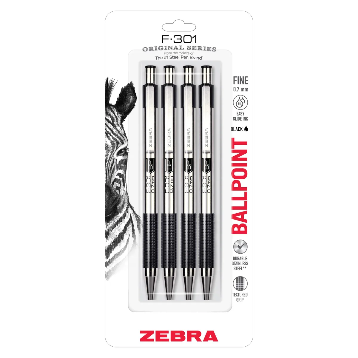 Four stainless steel retractable ballpoint pens with black ink and non-slip grips