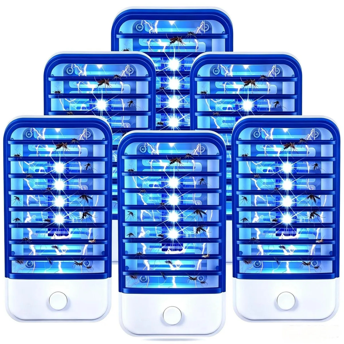Six white rectangular plug-in insect traps with front grids