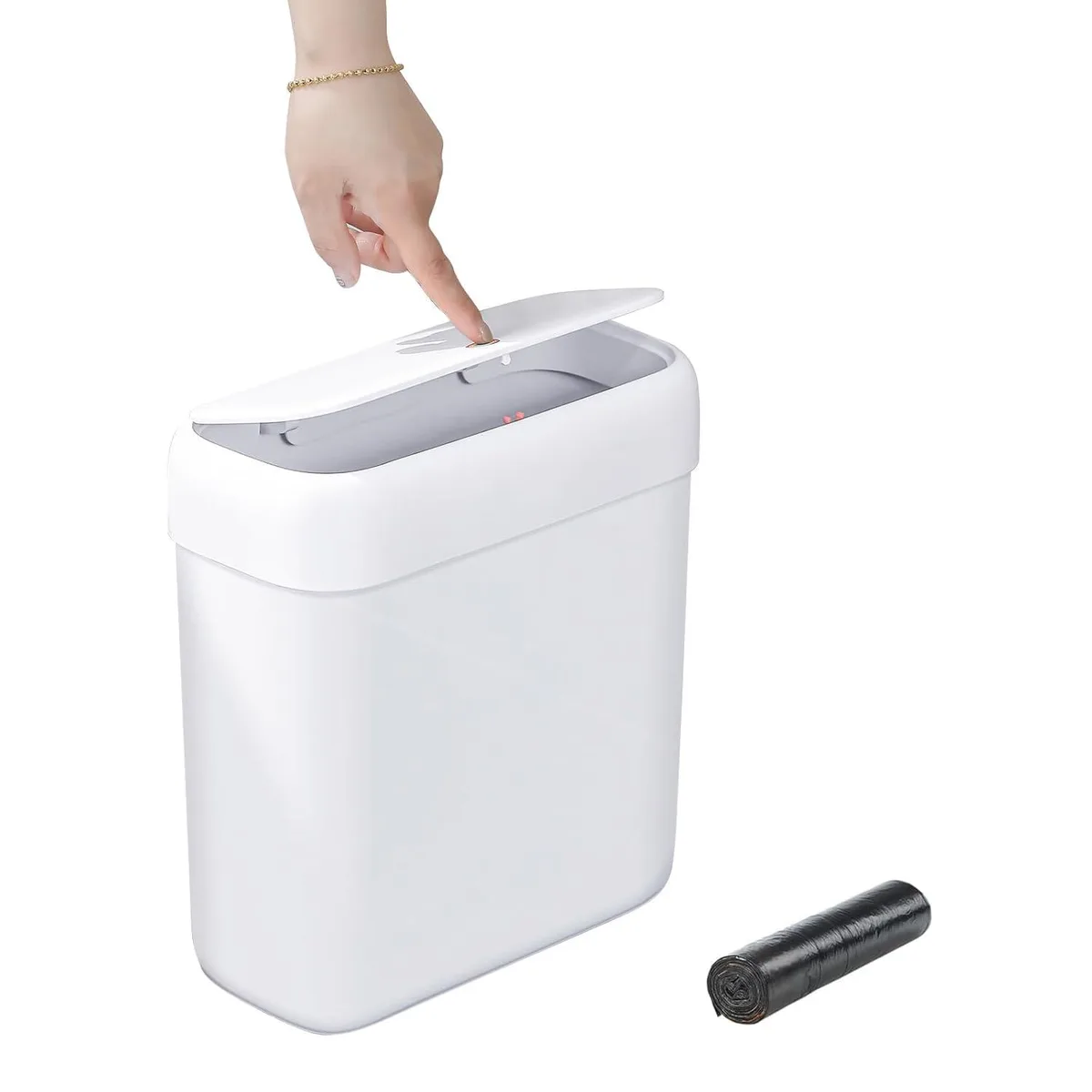 Twelve slim white plastic bins with press-top lids