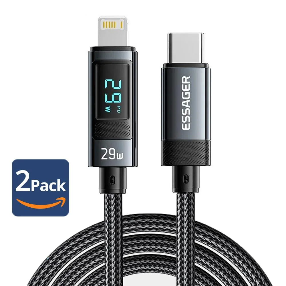 ESTONE ESTONE Essager HC29W USB-C to Lightning Cable 29W LED Display Black 2-Pack 6.6ft — product photo