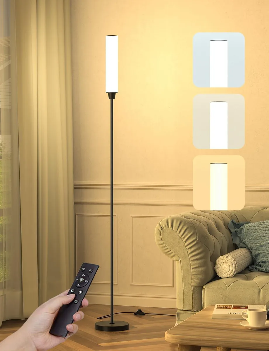 Slim black floor lamp with frosted polycarbonate tube and remote control