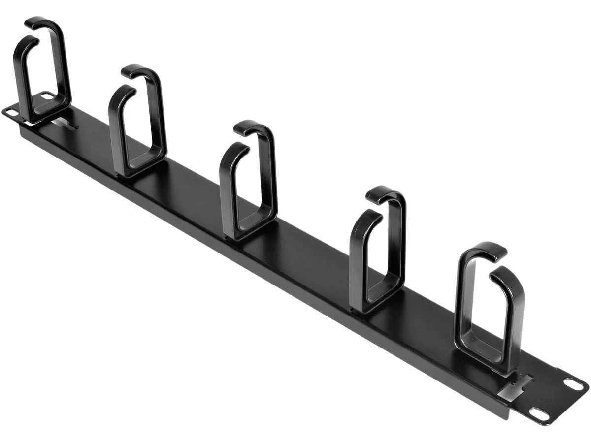 Black 1U steel rack panel 19in wide with five ABS cable hooks