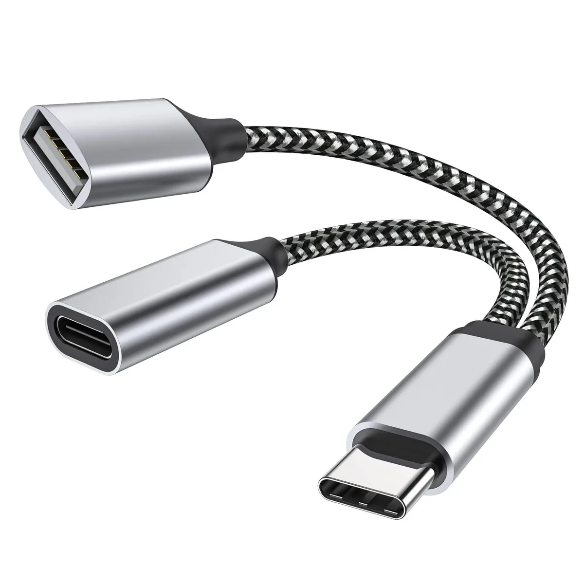 Silver USB-C OTG splitter cable with USB-C PD port and USB-A port