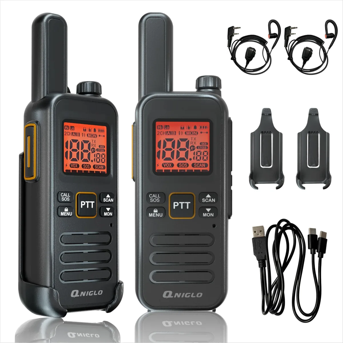 QNIGLO SW-66 FRS Walkie Talkie with Earpiece 22ch 121 codes 25h — product photo