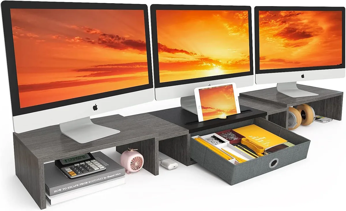 PISKEKAT PISKEKAT Monitor Stand Riser 2-3 Monitors 29-56in +/-90deg 13in Drawer 100lb — product photo