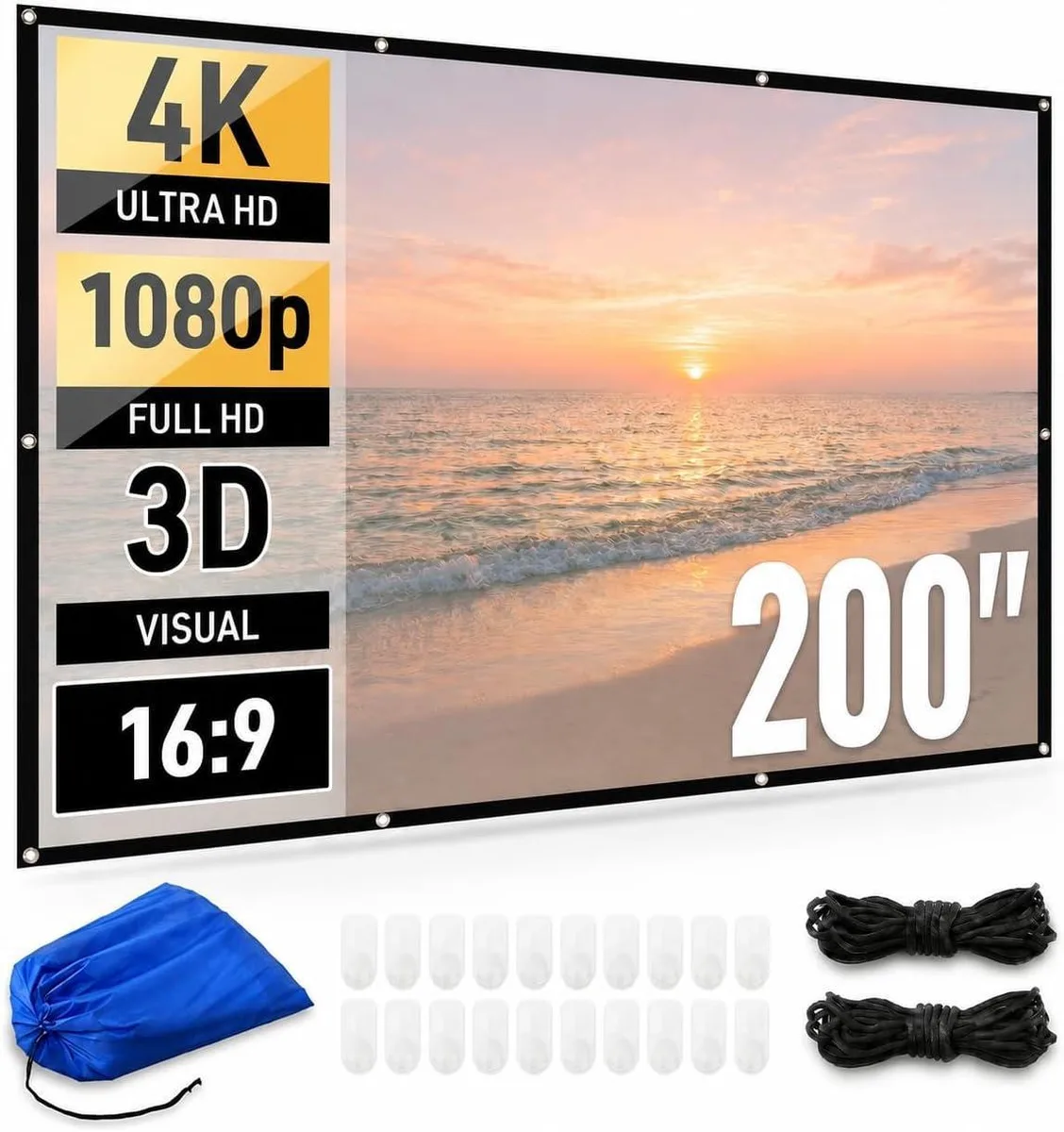 Large white canvas projector screen 169 by 95 inches with eyelets and hooks for wall mounting
