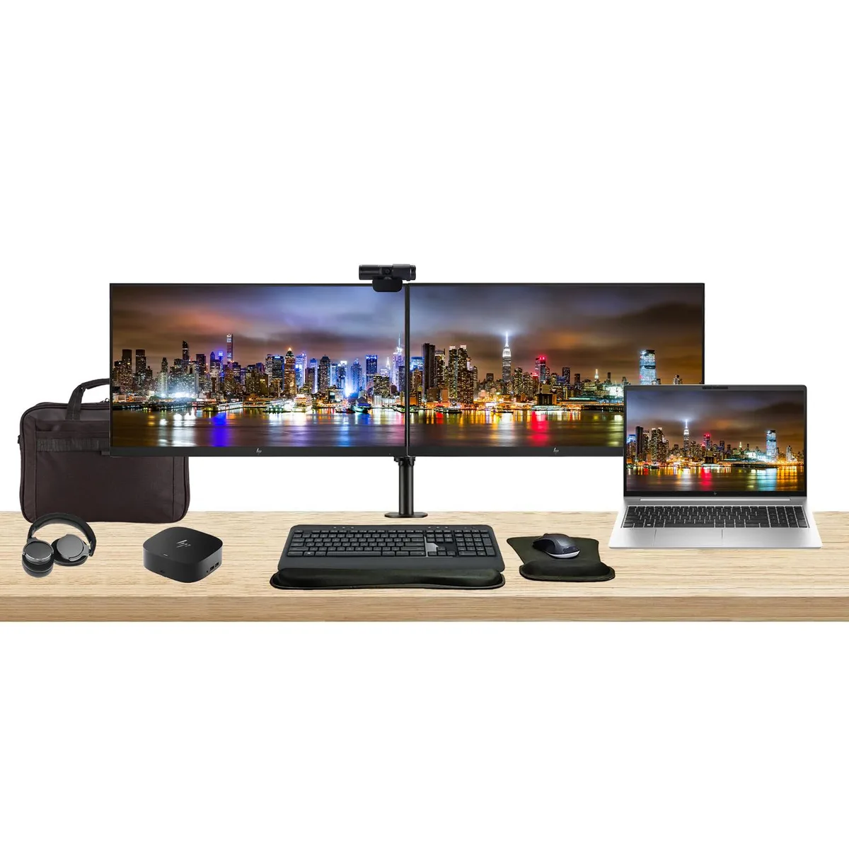 HP HP ProBook 455 G10 15.6" Ryzen 5 8GB 256GB bundle dual 24" monitors dock keyboard mouse webcam headphones bag — product photo