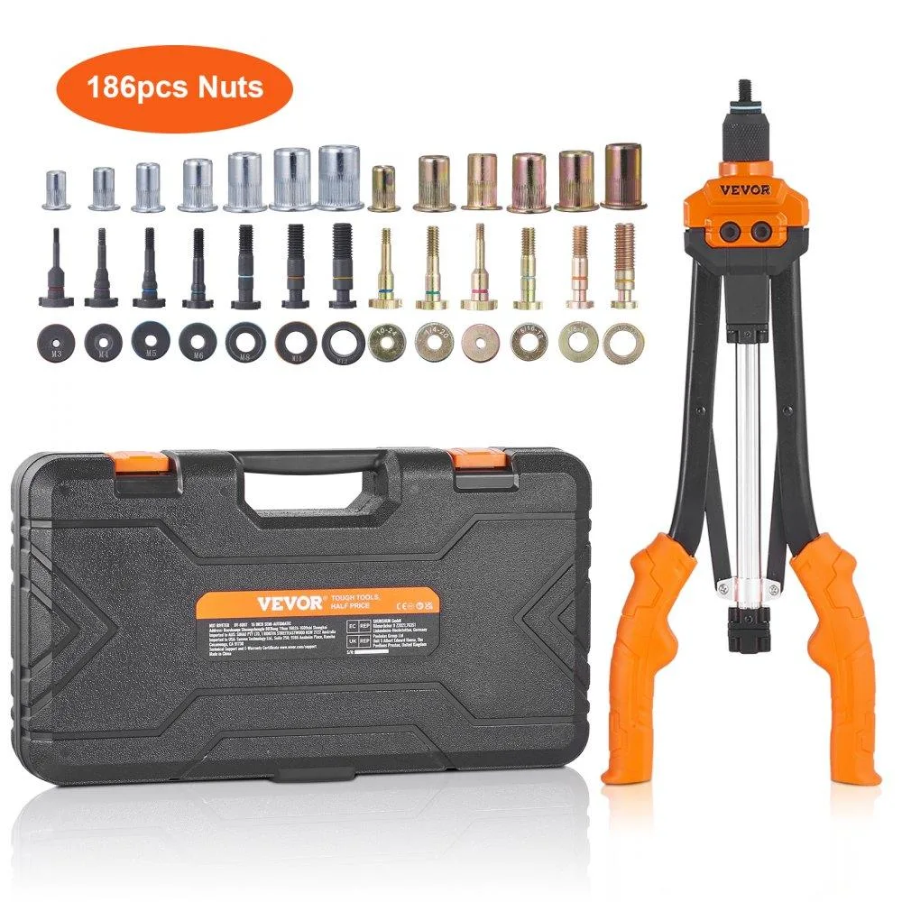 16-inch manual rivet nut tool with mandrels and rivet nuts in a carrying case