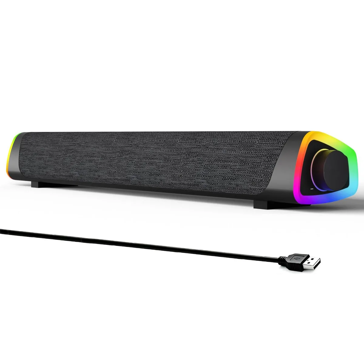 Gray fabric soundbar with slanted top, LED strips on both sides, rotary knob on top, 43 cm wide