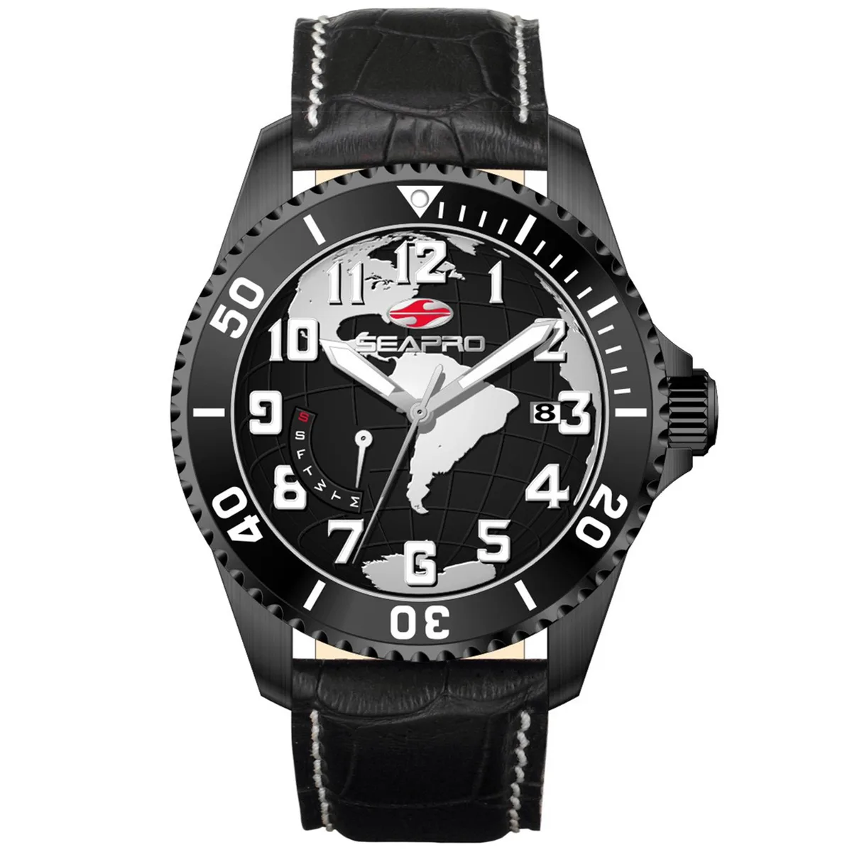 Stainless steel case watch with black dial and leather strap