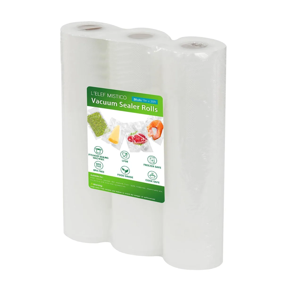 L'ELEF MISTICO SHAFD2020395301 vacuum sealer bags 11 in x 20 ft 3 rolls — product photo