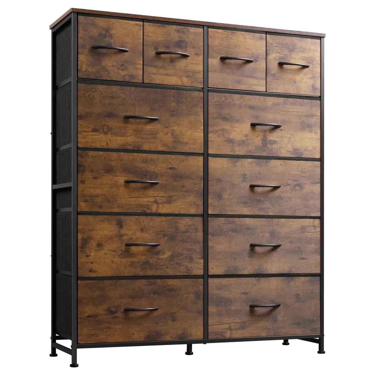 Tall rectangular fabric dresser with twelve drawers in rustic brown wood grain finish, black steel frame, wood top, adjustable feet