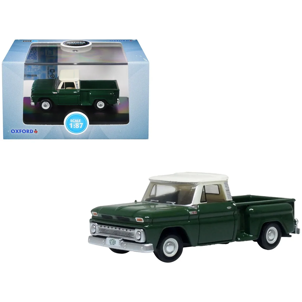 Oxford Diecast Oxford Diecast 1965 Chevrolet C10 Stepside Pickup Dark Green Ivory Top 1/87 Scale hobby collectible — product photo