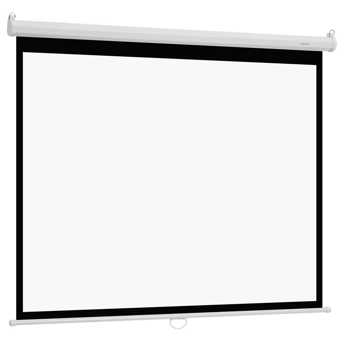 White rectangular pull-down projector screen in wall-mounted housing, 72 inch 4:3 format, PVC surface with pull rope visible