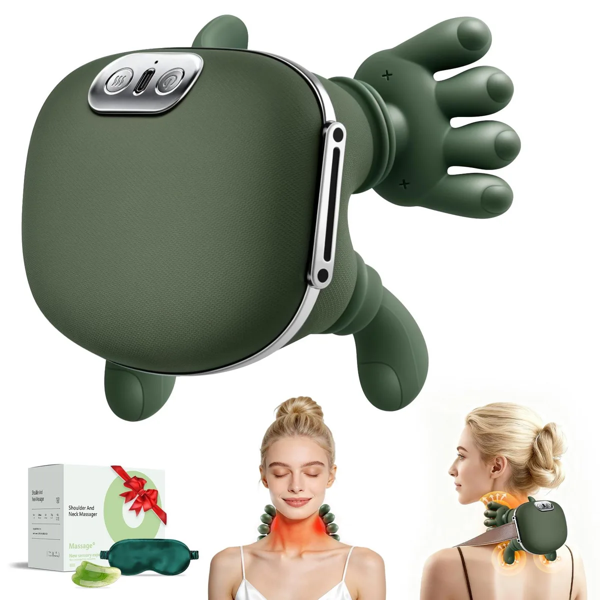 Green wrap-around neck massager with silicone nodes and adjustable strap